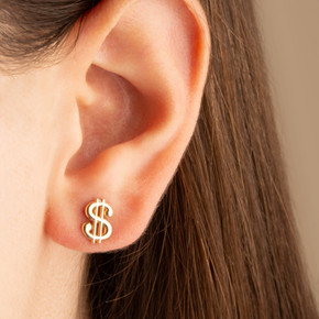 Yellow Gold Dollar Sign Money Stud Earrings on female model