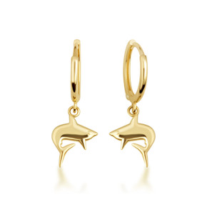 Yellow Gold Sea Shark Drop Huggie Hoop Earrings