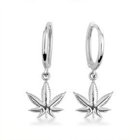 .925 Sterling Silver Marijuana Weed Leaf Drop Huggie Hoop Earrings 