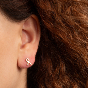 Yellow Gold Awareness Ribbon Stud Earrings on female model