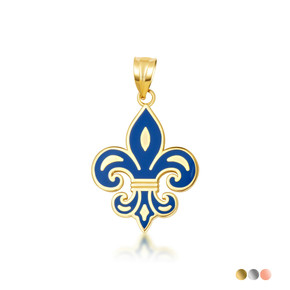 Gold Blue Enamel French Fleur-de-lis Pendant