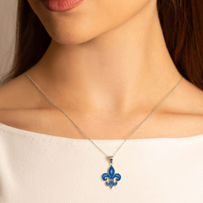 .925 Sterling Silver Blue Enamel French Fleur-de-lis Pendant Necklace on female model