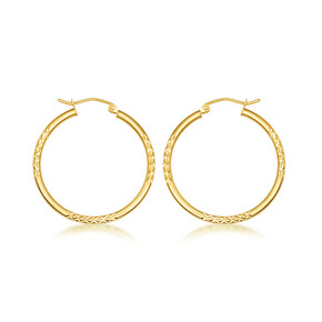 Yellow Gold Diamond Cut Tube Hoop Earrings