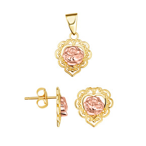 Two-Tone Gold Rose Flower Filigree Heart Pendant Stud Earrings Set Two-Tone Gold Rose Flower Filigree Heart Pendant Stud Earrings Set