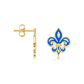 Yellow Gold Blue Enamel French Fleur-de-lis Stud Earrings