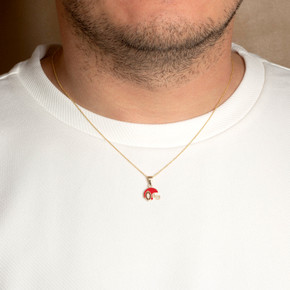 Yellow Gold Red Enamel Football Helmet Sports Pendant Necklace on male model