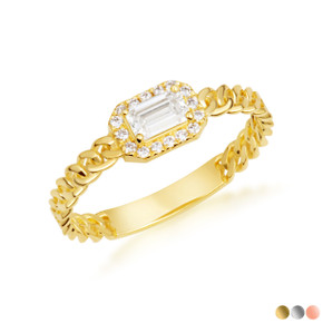 Gold Emerald Cut Lab Grown Diamond Halo Cuban Chain Link Ring