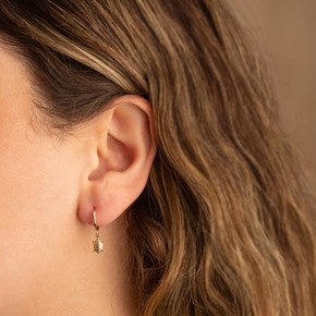 14K Yellow Gold Turtle Earrings on female model