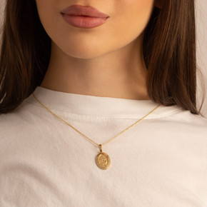 Yellow Gold Patron Saint Virgin del Carmen Oval Medallion Pendant Necklace on female model