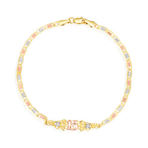 14K Tri-Color Gold 7" Quinceañera 15 Años Flower Figaro Chain Bracelet with Cubic Zirconia