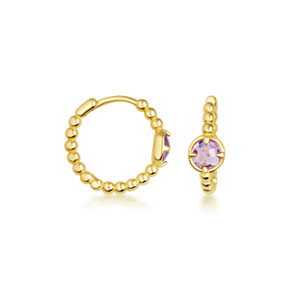 14K Yellow Gold Amethyst Birthstone Beaded Huggie Hoop Earrings