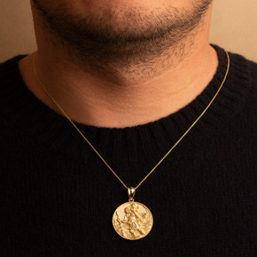 Gold Diamond Cut Patron Saint Christopher Medallion Pendant Necklace Pendant Necklace on male model