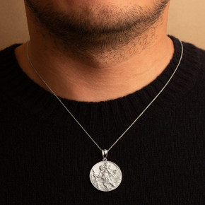 .925 Sterling Silver Diamond Cut Patron Saint Christopher Medallion Pendant Necklace Pendant Necklace on male model