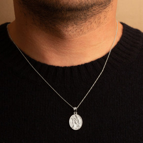 .925 Sterling Silver Religious Baby Jesus Mary & Joseph Oval Medallion Pendant Necklace on male model