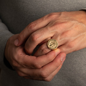 Yellow Gold St. Benedict Signet Ring on male model