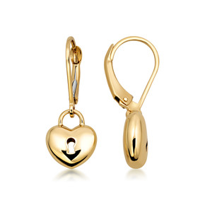 14K Gold Heart Lock Leverback Earrings