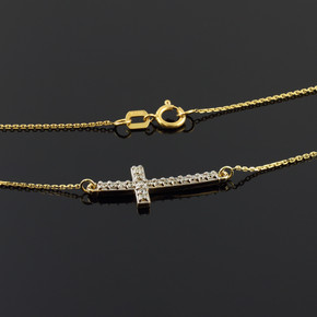 Yellow Gold Diamond Sideways Cross Pendant Necklace