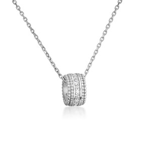 Silver Cubic Zirconia Ribbed Barrel Pendant Necklace (16"/18" Adjustable Rolo Chain)