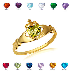 Gold Woman's Beautiful Claddagh Birthstone Heart Shape Ring