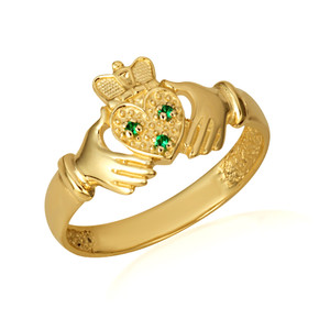 Yellow Gold Woman's Elegant Emerald Claddagh Ring