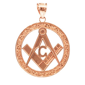 Rose Gold Freemason Square & Compass Round Filigree Pendant (1.2")