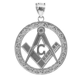 925 Sterling Silver Freemason Square & Compass Round Filigree Pendant (1.2")