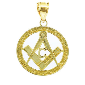 Yellow Gold Freemason Square & Compass Round Filigree Pendant (1")