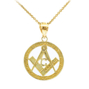 Yellow Gold Freemason Square & Compass Round Filigree Pendant Necklace (1")