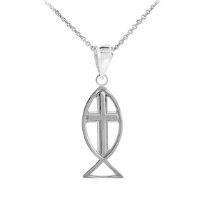 925 Sterling Silver Ichthus (Fish) Cross Pendant Necklace