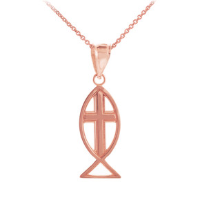 Rose Gold Ichthus (Fish) Cross Pendant Necklace