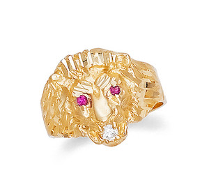 Gold Lion Head Mens Ring with Cubic Zirconia