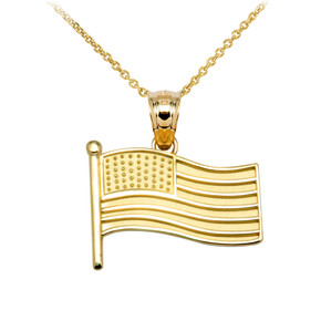 American Flag Yellow Gold Charm Pendant Necklace