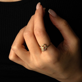 Yellow Gold Woman's Cubic Zirconia Adorned Serpent Ring on female model