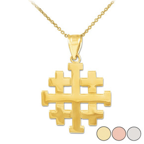 Matte Jerusalem "Crusaders" Cross Pendant Necklace in Gold (Yellow/Rose/White)