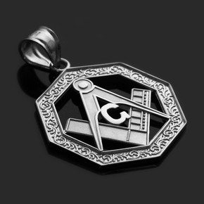 .925 Sterling Silver Freemason Square & Compass Octagon Shaped Pendant in black background