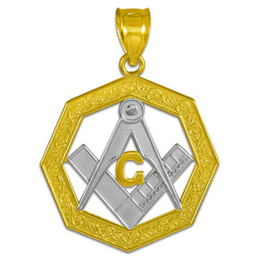 Two-Tone Gold Freemason Square & Compass Octagon Shaped Pendant