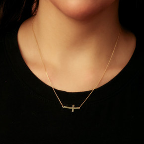 14K Gold Sideways Cross Pendant Necklace (Available in Yellow/Rose/White Gold)