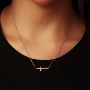 .925 Sterling Silver Sideways Cross Pendant Necklace