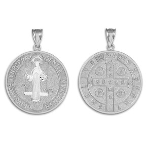 Solid White Gold St. Benedict Coin Medallion Pendant (L)
