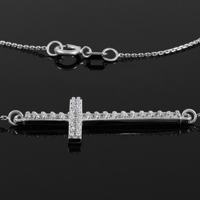 Sterling Silver Sideways Cross CZ Pendant Necklace