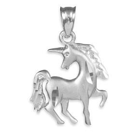Satin Finish Diamond Cut Silver Unicorn Charm Pendant Necklace