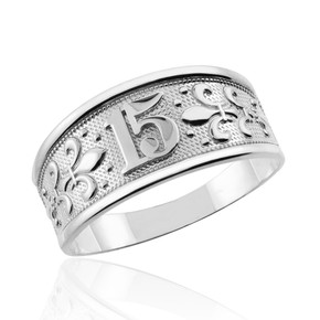 .925 Sterling Silver 15 Años Fleur-de-lis Quinceañera Textured Band Ring .925 Sterling Silver 15 Años Fleur-de-lis Quinceañera Textured Band Ring
