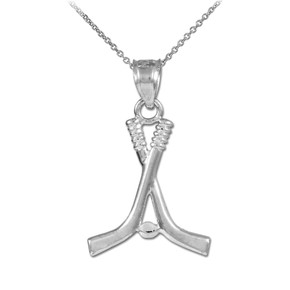 Hockey Sticks and Puck White Gold Charm Sports Pendant Necklace