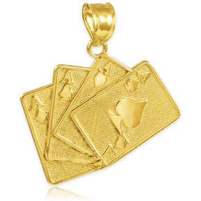 Solid Gold Four of a Kind Playing Cards Charm Pendant Necklace(Available in Yellow/White Gold)