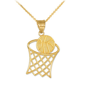 Gold Textured Hoop and Basketball Charm Pendant Necklace (Available in Yellow/Rose/White Gold)