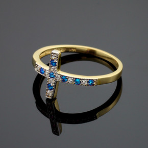 Yellow Gold Diamond Sapphire Gemstone Religious Cross Band Ring