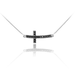 .925 Sterling Silver Sideways Black CZ Curved Cross Necklace (0.35")