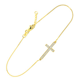 14K Gold Sideways Cross Cute CZ Bracelet