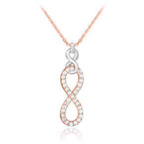 Vertical infinity necklace with clear cubic zirconia in 14k two-tone rose and white gold.