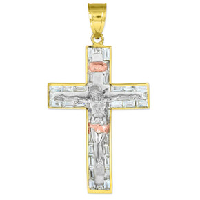Tri-tone gold crucifix pendant with cz.